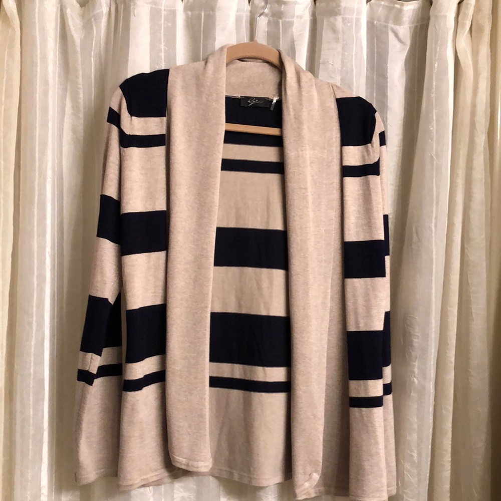 Navy Blue and Tan Open Cardigan